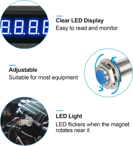 Vista 8 de EEEkit Tacómetro de 4 dígitos con LED azul, medidor de velocidad RPM digital para motores con sensor Hall NPN de interruptor de proximidad