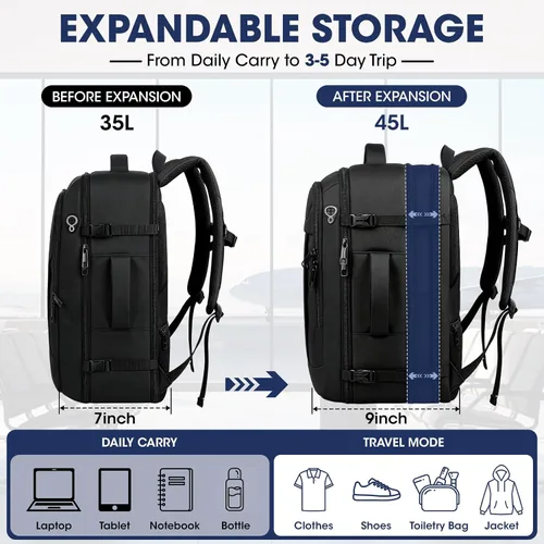 Vista 4 de Mochila de viaje, 40L 50L Mochila de transporte grande expandible aprobada Negro