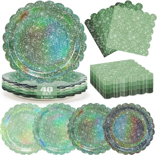 Vista 9 de Blue Iridescent Plates and Napkins Set for Birthday Baby Shower,40 Guests Disposable Light Blue Holographic Tableware Include 9" Gradient