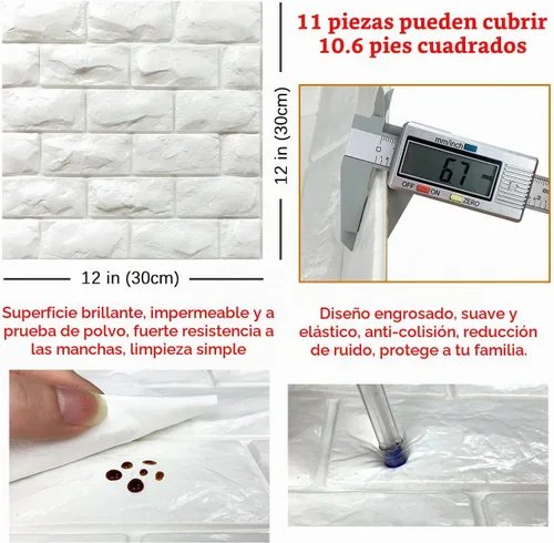 Vista 5 de 11 piezas de paneles de pared 3D de ladrillo falso adhesivo de despegue y pegado, papel tapiz de ladrillo blanco, paneles de pared de espuma