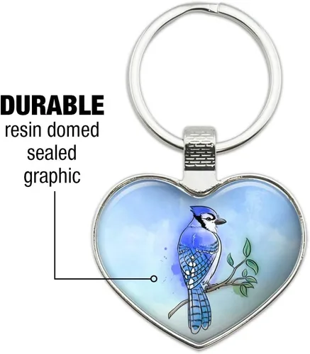 Vista 3 de GRAPHICS & MORE Blue Jay Watercolor Northeastern Bird Keychain Heart Love Metal Key Chain Ring