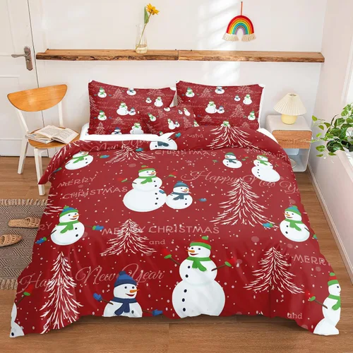 Vista 37 de Juego de ropa de cama de Navidad con funda de edredón de copos de nieve, color blanco y rojo, con estampado navideño, juego de ropa de cama festiva