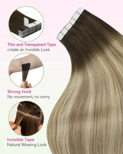 Vista 101 de YoungSee Extensiones de Cabello Humano con Cinta Balayage Extensiones de Cabello con Cinta Marrón Oscuro Extensiones de Cabello con Cinta Ombre