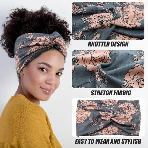 Vista 5 de Diademas anchas para mujeres y niñas, diadema bohemia con estampado floral, turbante nudo, diadema para entrenamiento, bandas para el cabello