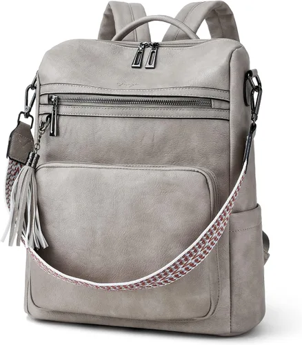 Vista 7 de OPAGE - Mochila de cuero para mujer, con borla de moda, bolso de hombro, mochila grande, bolsa de viaje, gris, L