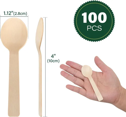 Vista 2 de LotFancy Mini Cucharas de Madera, Paquete de 100, 4 Pulgadas de Largo, Cucharas Desechables de Degustación y Muestreo, Cucharas Degustadoras
