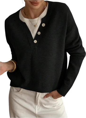 Vista 20 de SOLY HUX Suéteres Pullover para Mujer de Manga Larga con Botones Cuello Redondo 2 en 1 Tops de Punto Holgados Albaricoque puro