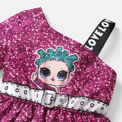 Vista 3 de L.O.L. Surprise! Vestido escalonado para niñas, estampado de figura en capas, un hombro, vestido casual fluido, talla 6-12