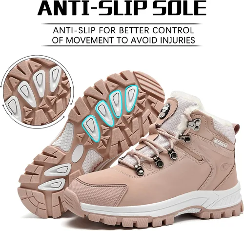 Vista 5 de BEOAPT Botas de senderismo de invierno para hombres y mujeres, cálidas y resistentes al agua, antideslizantes, con forro suave, color negro
