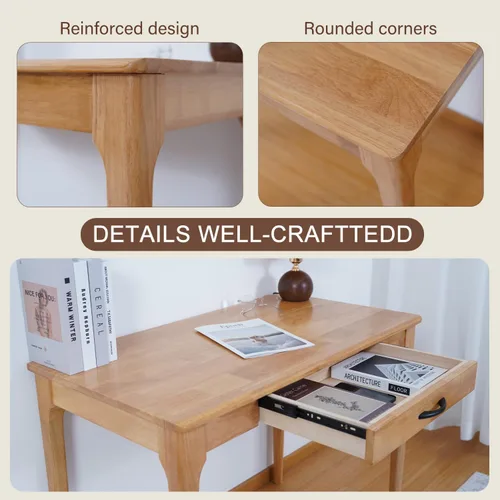Vista 7 de Escritorio de madera maciza con cajones, escritorio de computadora de madera para oficina en casa, escritorio de estudio de juegos para espacios
