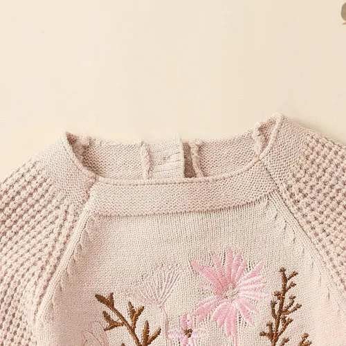 Vista 6 de Mameluco de punto para bebé niña, suéter de manga larga, bordado floral, de una pieza, ropa cálida para otoño e invierno