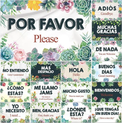 Vista 9 de gisgfim Juego de 16 pósteres de palabras y frases en español, tablero de anuncios, estudio y decoración de aula (Boho)