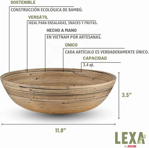 Vista 3 de LEXA Ensaladera de bambú hecha a mano de 12 pulgadas, cuenco de fruta grande de madera de 130 onzas para encimera de cocina, bambú negro Negro Bambú