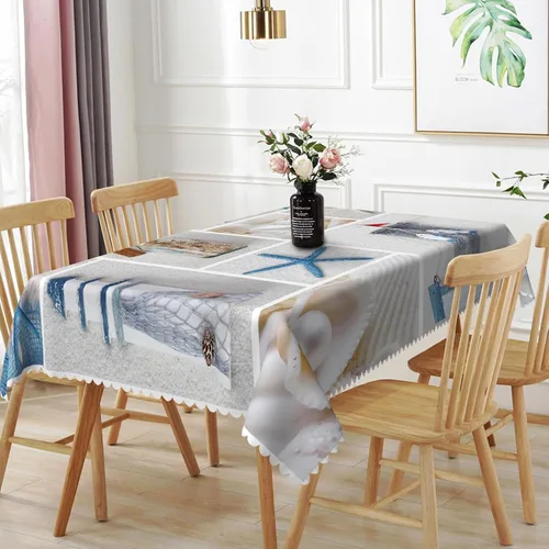 Vista 18 de Mantel oblongo, diseño de playa de 52 x 70 pulgadas, diseño de playa con estrellas de mar y olas de mar, con decoración impermeable y resistente a