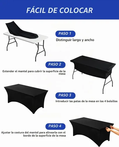 Vista 5 de Fixwal Juego de 2 manteles rectangulares elásticos negros de 4 pies, de elastano, ajustables, lavables, para fiestas, ferias, banquetes, bodas, bufés