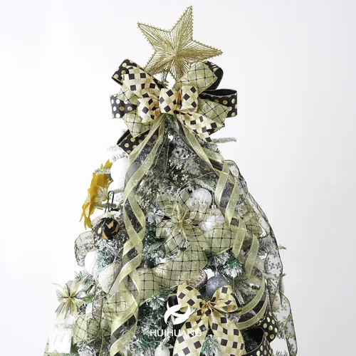 Vista 6 de HUIHUANG Cinta negra con alambre para árbol de Navidad, cintas de Navidad negras y doradas para decoración de árboles, lazos, coronas, guirnaldas