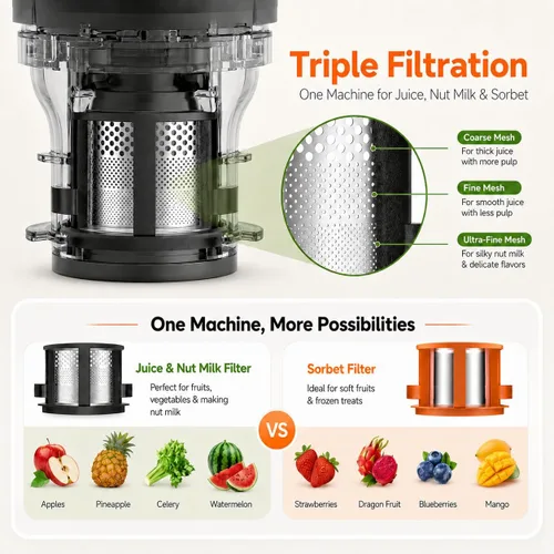 Vista 6 de AMZCHEF Exprimidor de prensa en frío, Juicer lento de alimentación Negro