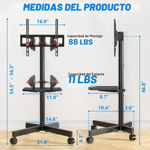 Vista 8 de Rfiver Soporte de TV rodante fuerte con estante para televisores de 23 a 60 pulgadas de hasta 88 libras, carrito de TV móvil portátil con rueda