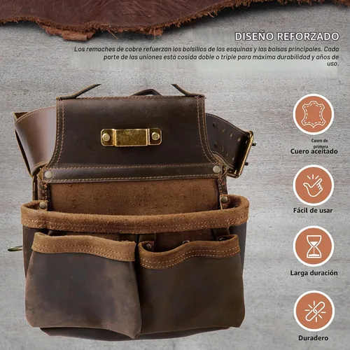 Vista 5 de Trailside - Cinturón de herramientas de cuero genuino para hombres, bolsa para martillos, carpinteros, electricistas, techos, construcción, súper
