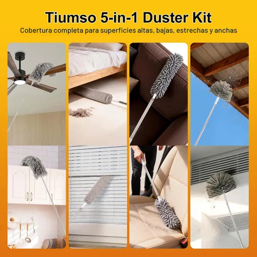 Vista 6 de Tiumso Kit de plumero de microfibra 5 en 1, plumeros para limpieza, plumero con poste de extensión de 100 pulgadas, plumero de telaraña, plumeros