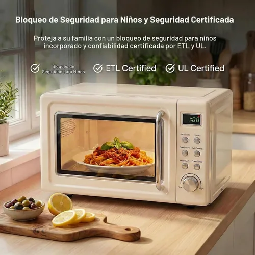 Vista 6 de SIMOE Horno microondas retro crema, 0.7 pies cúbicos microondas compacto de encimera, microondas pequeño de 700 W con pantalla LED, bloqueo