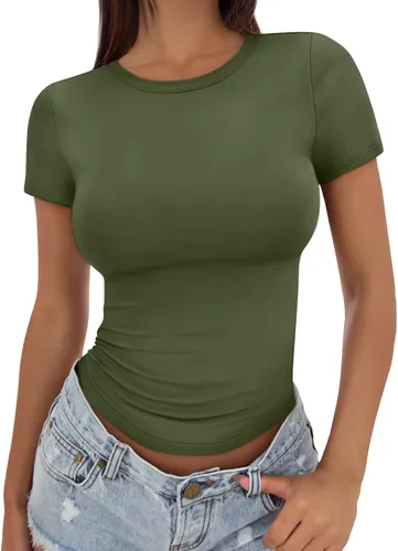 Vista 15 de Trendy Queen - Camisetas básicas para mujer, camisetas de verano, manga corta, ajustadas, linda ropa de entrenamiento para gimnasio Blanco