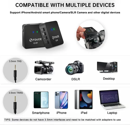 Vista 5 de FDUCE UHF - Sistema de micrófono inalámbrico Lavalier para teléfono y cámara, mini micrófono de condensador portátil con clip, micrófono de solapa