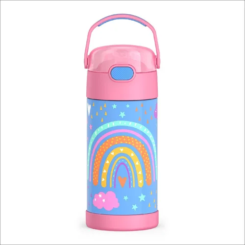 Vista 33 de THERMOS FUNTAINER - Botella de agua con pajilla, 12 onzas, botella de agua de acero inoxidable aislada al vacío para niños con tapa, color negro