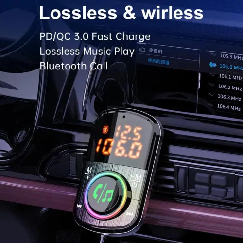 Vista 2 de Transmisor FM Bluetooth para coche, Bluetooth para Carro/adaptador de audio con cargador de coche dual, compatible con doble pantalla digital