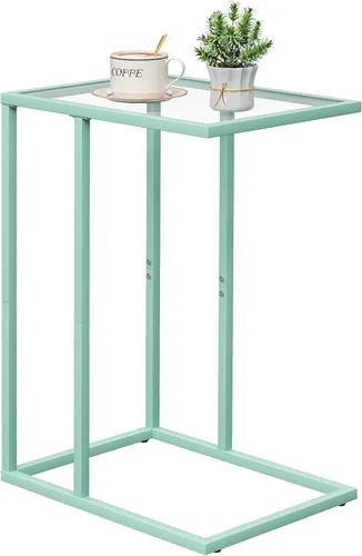 Vista 9 de Mesa auxiliar de cristal en C, mesa auxiliar para sofá, mesa auxiliar de vidrio templado con marco de metal, mesa de bandeja de TV para espacio Negro