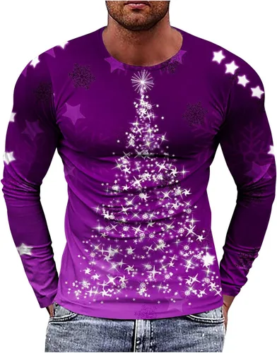 Vista 4 de Camisetas para hombre, diseño gráfico de Navidad, de manga larga, ajuste muscular, para gimnasio, entrenamiento, camiseta casual con cuello redondo