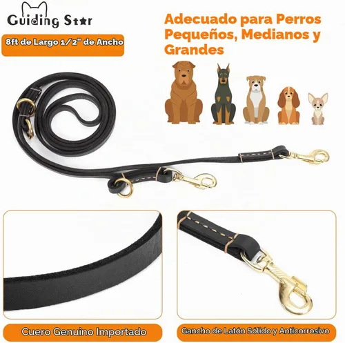 Vista 2 de Guiding Star Correa de cuero para perro de 8 pies, correa de entrenamiento suave multifunción 6 en 1, manos libres, doble, cruzada para perros Negro