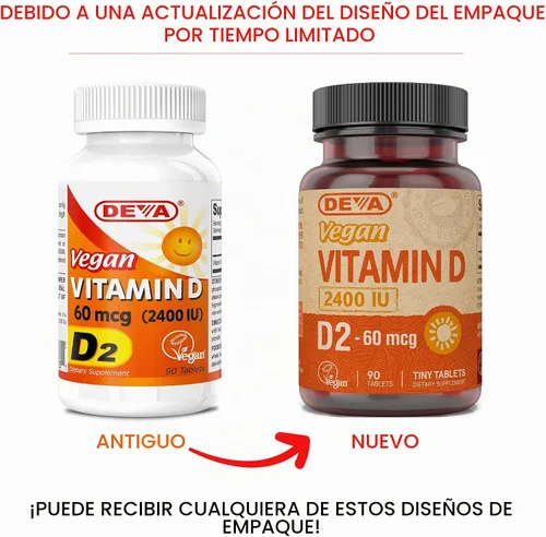 Vista 2 de DEVA Vitamina D2 vegana 60 mcg 2400 UI, suplemento de ergocalciferol sin ingredientes animales, 90 tabletas, 1 paquete