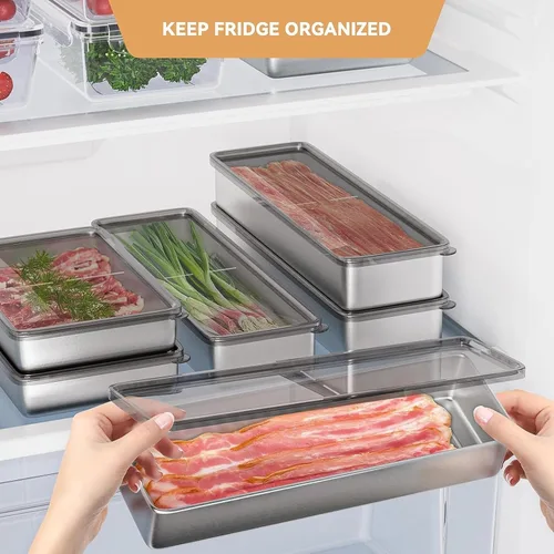 Vista 3 de Recipiente de tocino para refrigerador, 1000ML/2000ML/800ML/400ML Crisper Box 304 Recipientes herméticos de almacenamiento de carne con tapas