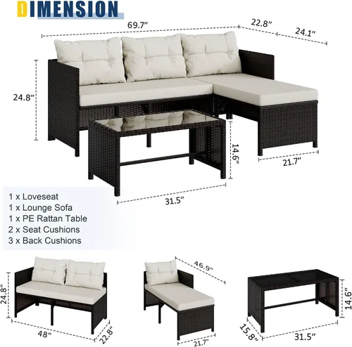 Vista 3 de Vongrasig Juego de muebles de patio de 3 piezas, sofá seccional de mimbre PE para todo tipo de clima, juego de conversación pequeño para Beige