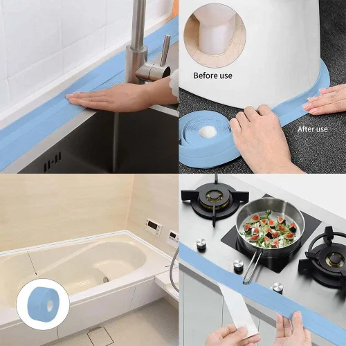 Vista 4 de Cinta selladora para calafateo de baño y cocina, cinta adhesiva de PVC para sellar la bañera y las paredes, sellador para azulejos de ducha (azul)
