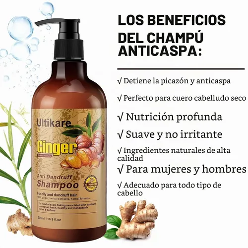 Vista 4 de Champú de jengibre para el cabello caspa, tratamiento anticaspa, champú para el cuidado del cuero cabelludo seco con picazón, aceite de extracto
