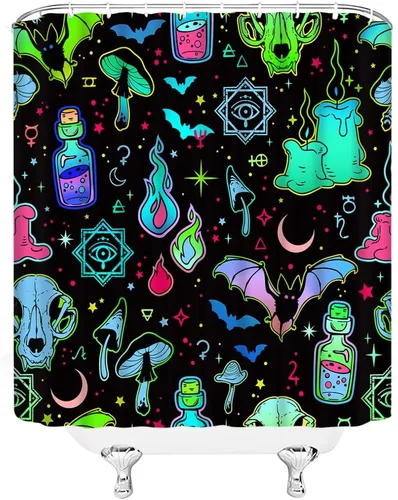 Vista 3 de GCTNBJL Cortina de ducha de Halloween para caravana, espeluznante alquimia bruja, tablero de ouija, murciélago, cráneo, hongo gótico, luna