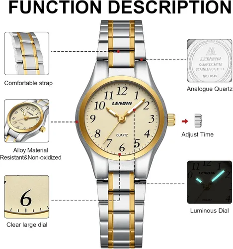 Vista 8 de LN LENQIN Relojes para mujer, fácil de leer, impermeable, reloj de pulsera de cuarzo con correa de acero inoxidable