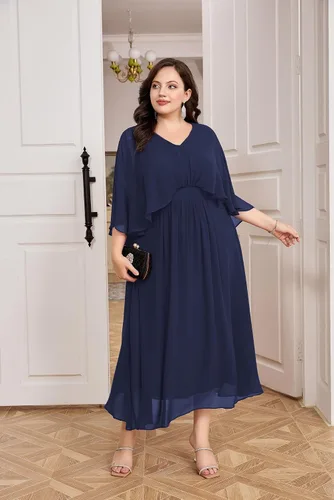 Vista 6 de Hanna Nikole Vestido de fiesta de noche de gasa con cuello en V para mujer, talla grande, manga capa, maxi vestidos para invitados de boda
