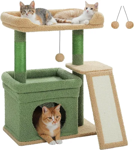 Vista 9 de PEQULTI Árbol para gatos pequeños a medianos: bonita torre para gatos beige con amplia percha acolchada, condominio privado y poste rascador