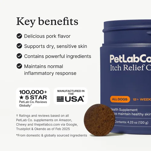 Vista 9 de PetLab Co. - Masticables para aliviar la picazón para perros, 30 masticables suaves, cerdo Omega 3-6-9, cúrcuma y miel para apoyar la piel seca