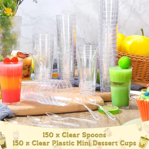 Vista 4 de Chengu Mini vasos de postre de plástico transparente de 3 onzas con cucharas, tazas redondas de postre para parfait, vasos de chupito de aperitivo
