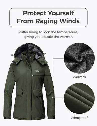 Vista 4 de Wantdo - Chaqueta de esquí impermeable para mujer, abrigo de invierno cálido y resistente al viento, abrigos de nieve
