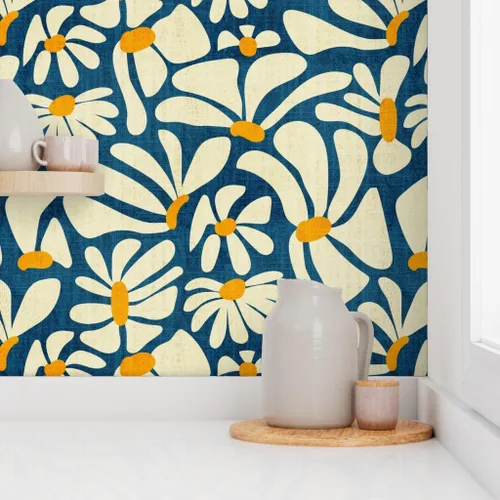Vista 8 de Spoonflower Despegar y pegar papel tapiz Swatch - Retro Daisy Flower Power Blue Floral Vintage Groovy 70S 60S Papel pintado extraíble personalizado