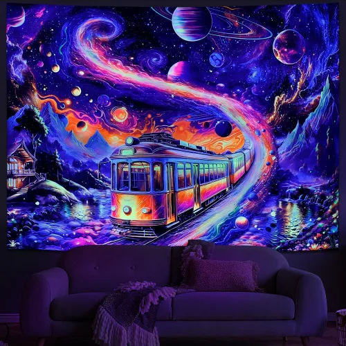 Vista 9 de Tushelia Tapiz espacial de galaxia con luz negra, tapiz reactivo a los rayos UV, tapiz de árbol de bosque con plantas florales, tapiz que brilla