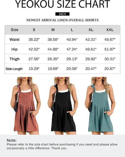 Vista 9 de Yeokou Overol corto de lino para mujer, con tirantes ajustables, sueltos, pierna ancha, estilo casual