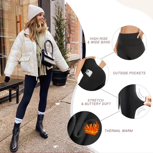 Vista 5 de NEW YOUNG Leggings con forro polar y bolsillos para mujer, pantalones térmicos de cintura alta, suaves, para yoga, entrenamiento de invierno