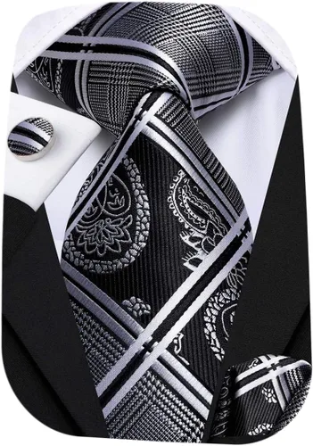 Vista 325 de Hi-Tie Corbata clásica de cachemira para hombre con pañuelo y gemelos a cuadros