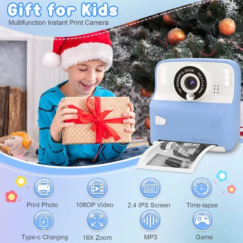 Vista 2 de Amzelas Cámara de impresión instantánea para niños, cámara portátil de juguetes para niños pequeños, imprime fotos en blanco y negro al instante